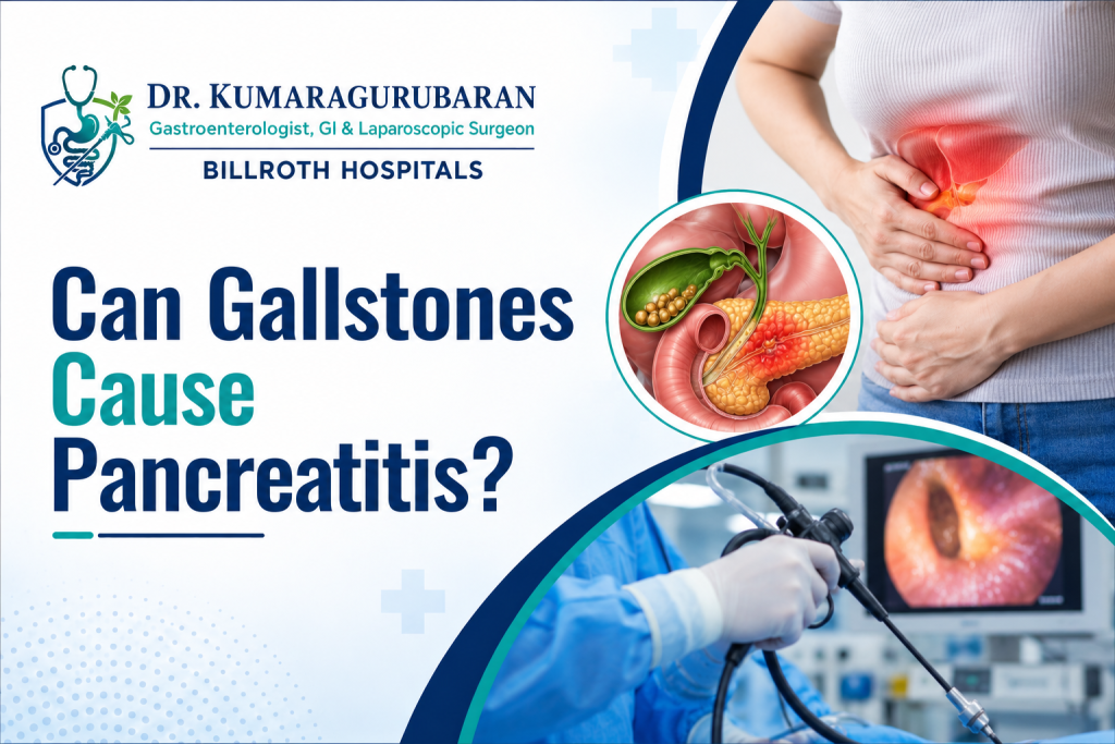 Illustration of gallstones obstructing the bile and pancreatic ducts causing pancreatitis, beside an ERCP endoscopic procedure in theatre