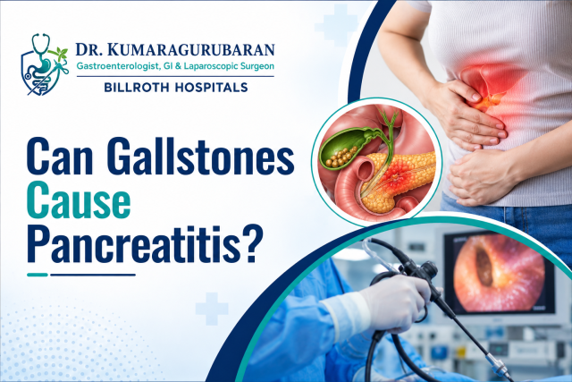 Illustration of gallstones obstructing the bile and pancreatic ducts causing pancreatitis, beside an ERCP endoscopic procedure in theatre