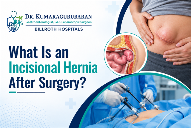 Illustration of an incisional hernia at the site of a previous abdominal surgical scar, beside laparoscopic hernia repair in theatre